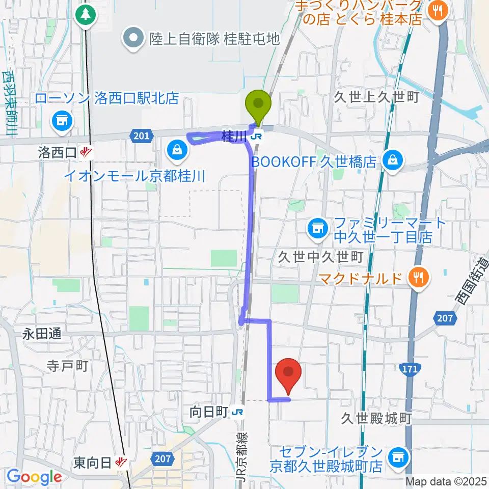桂川駅から占部弦楽器製作所へのルートマップ地図