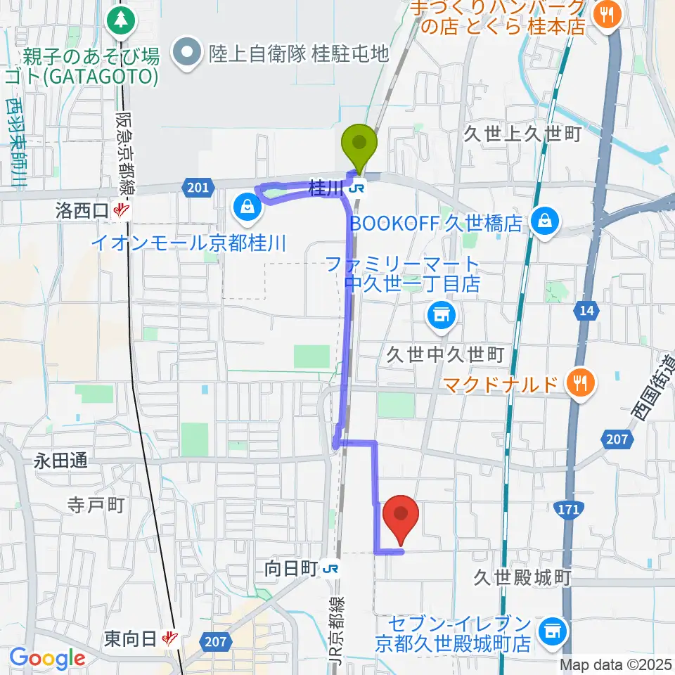 桂川駅から占部弦楽器製作所へのルートマップ地図