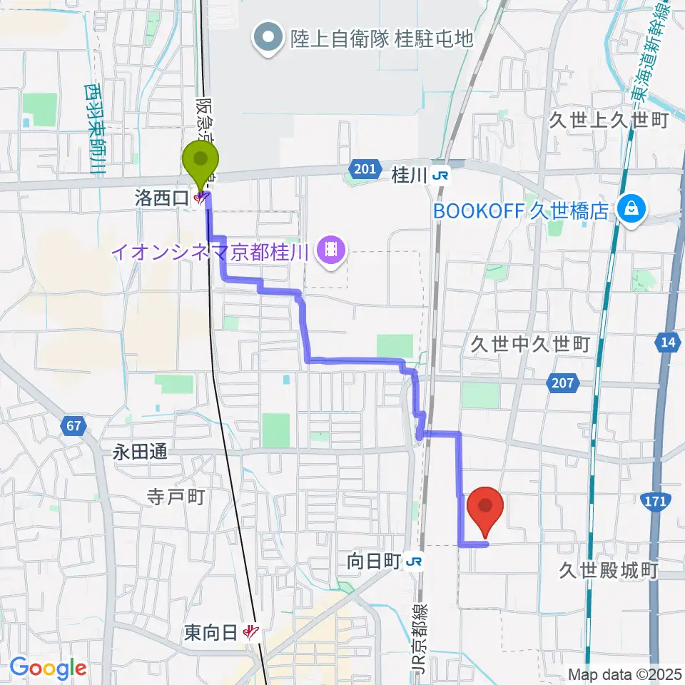 洛西口駅から占部弦楽器製作所へのルートマップ地図