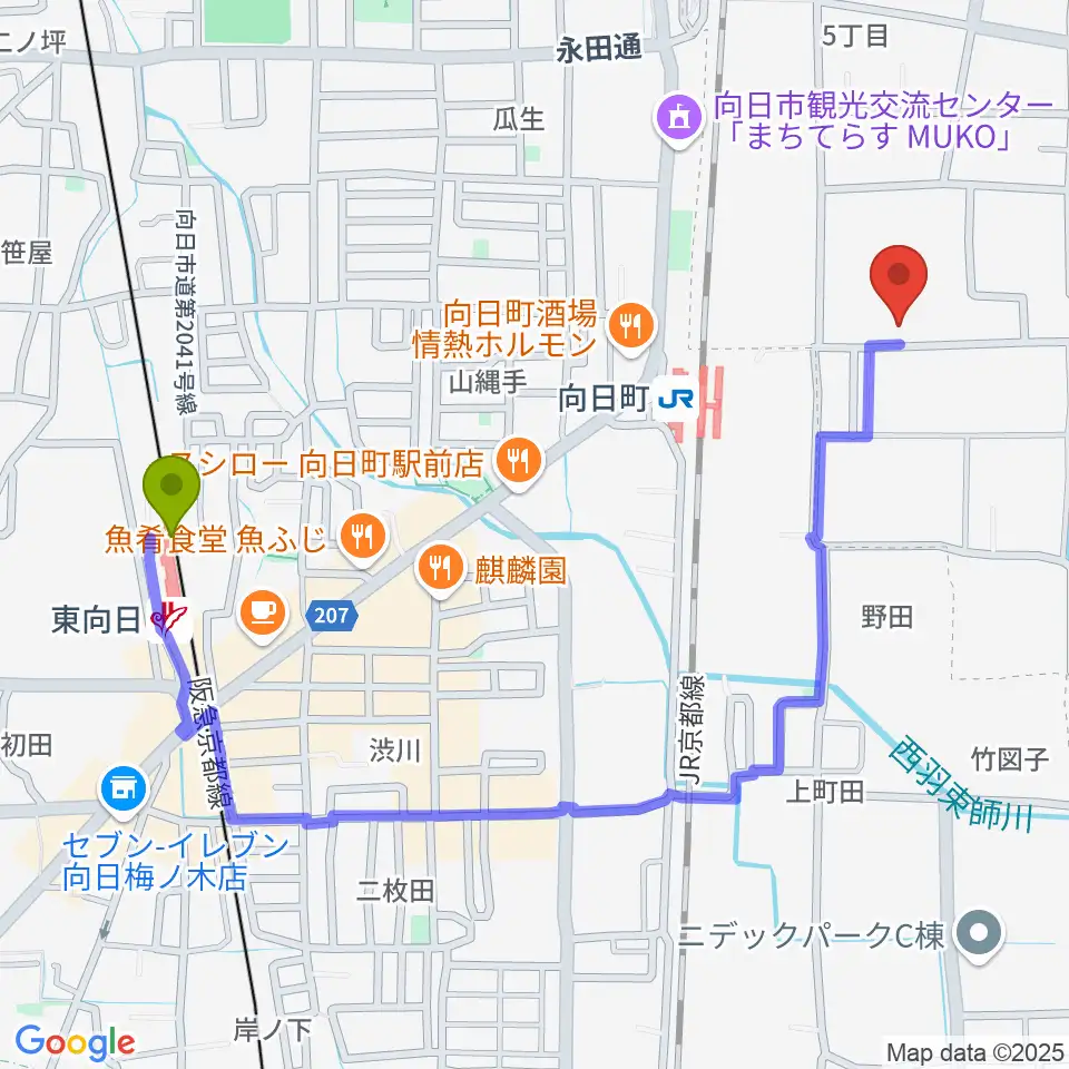 東向日駅から占部弦楽器製作所へのルートマップ地図