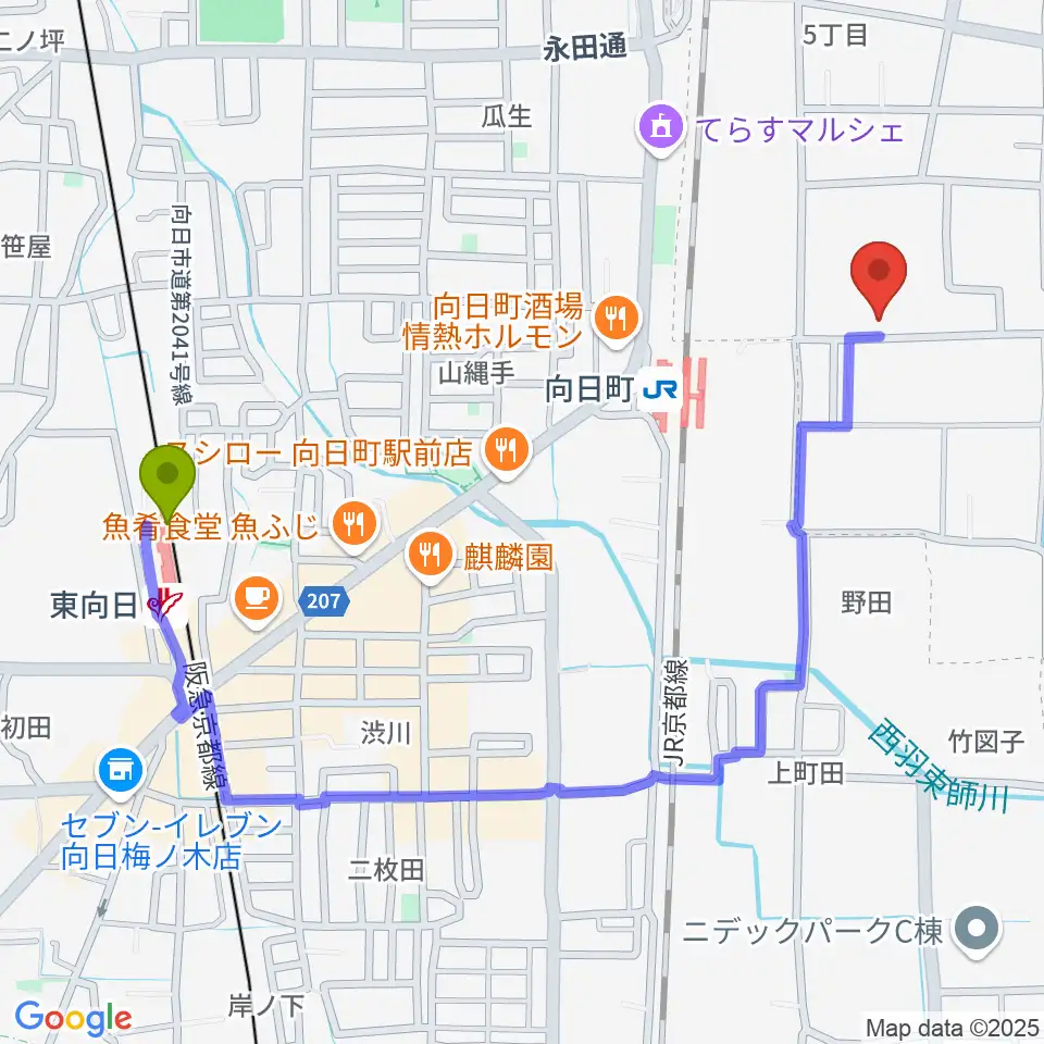 東向日駅から占部弦楽器製作所へのルートマップ地図