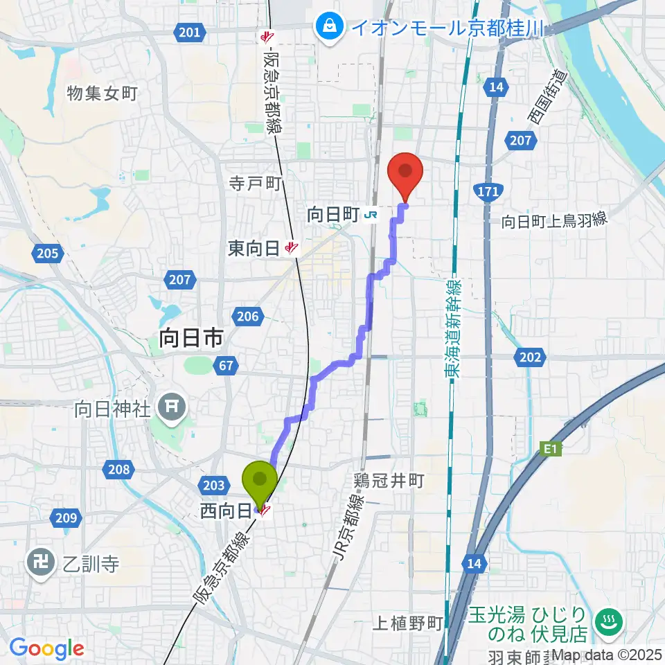 西向日駅から占部弦楽器製作所へのルートマップ地図