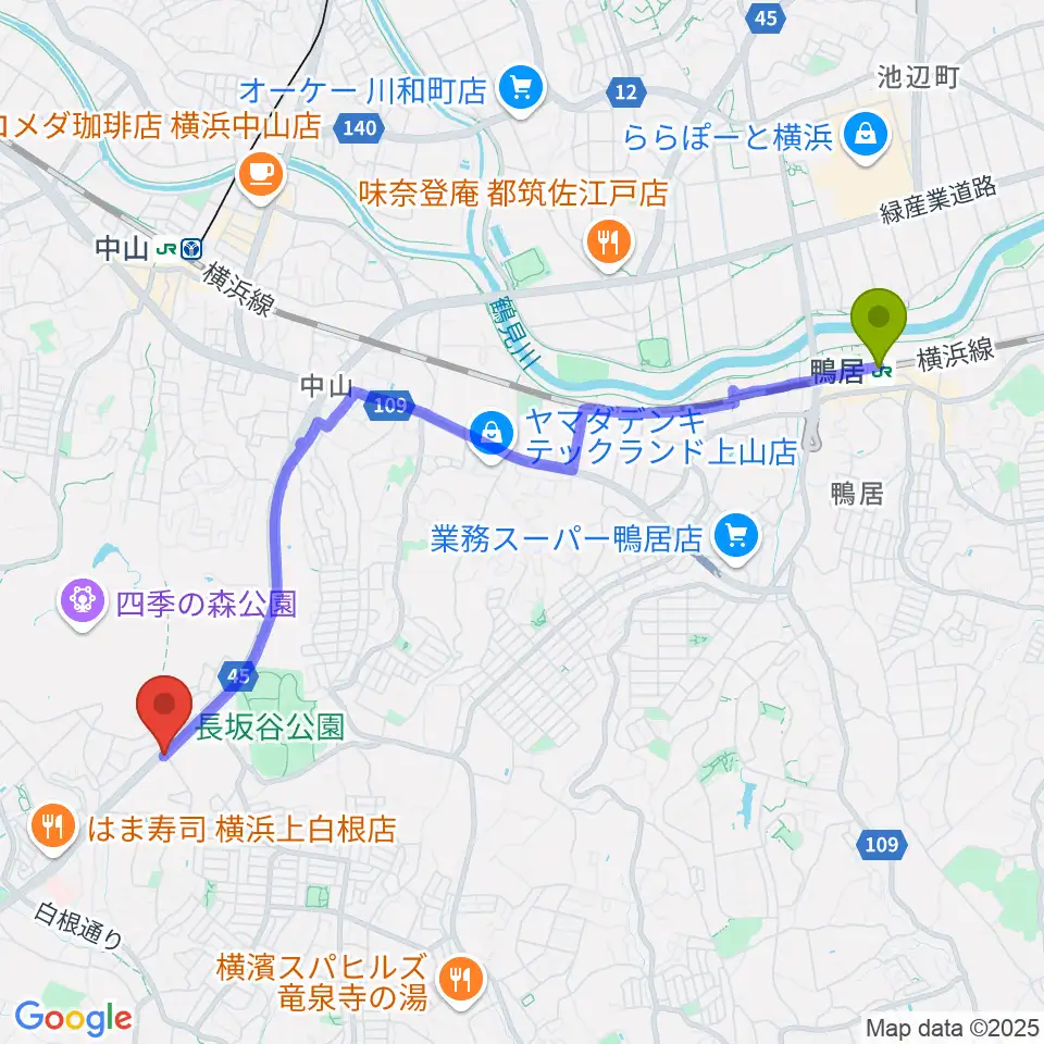 鴨居駅から池田ピアノ運送へのルートマップ地図