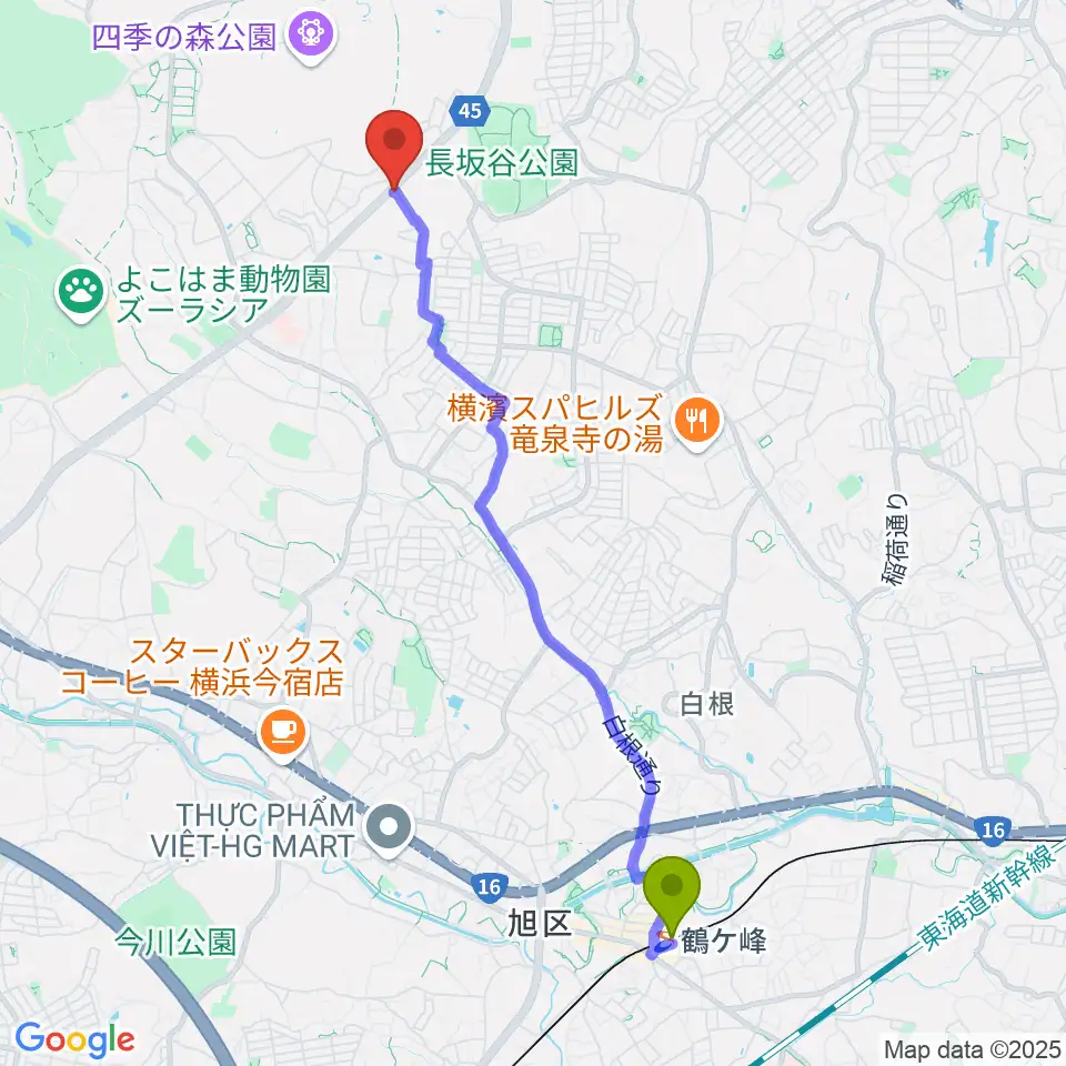鶴ヶ峰駅から池田ピアノ運送へのルートマップ地図