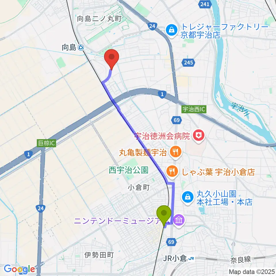 小倉駅からヒガシ絃楽器製作所 オリエンテへのルートマップ地図