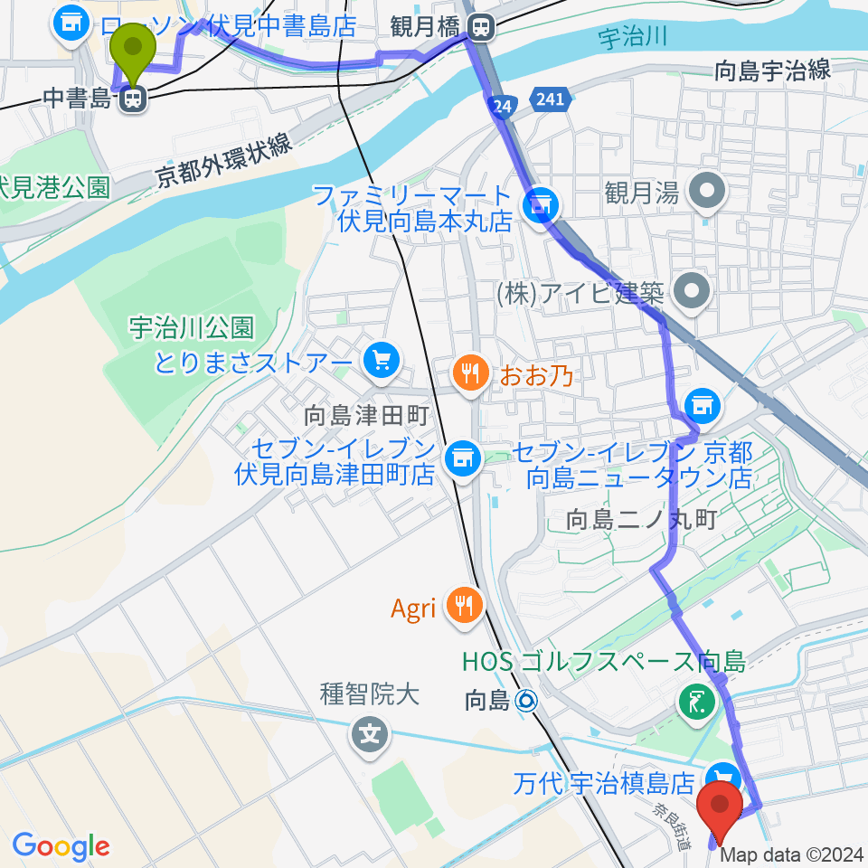 中書島駅からヒガシ絃楽器製作所 オリエンテへのルートマップ地図