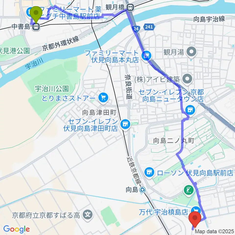 中書島駅からヒガシ絃楽器製作所 オリエンテへのルートマップ地図