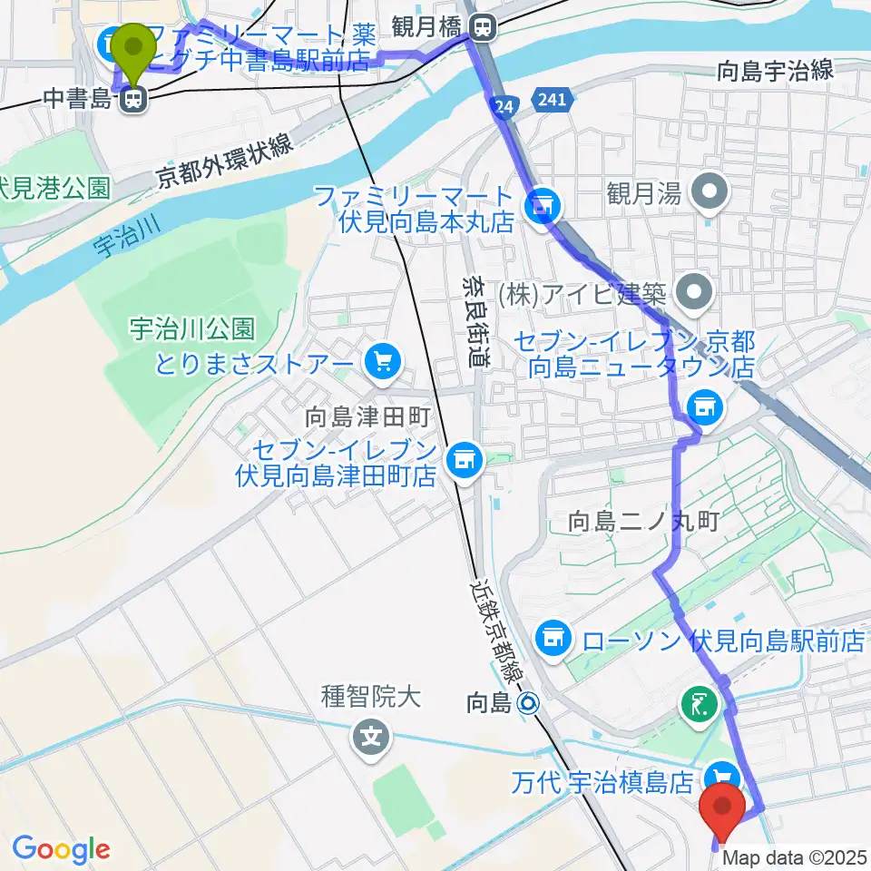 中書島駅からヒガシ絃楽器製作所 オリエンテへのルートマップ地図