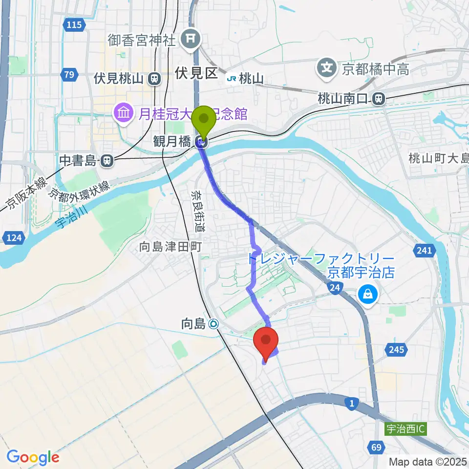 観月橋駅からヒガシ絃楽器製作所 オリエンテへのルートマップ地図