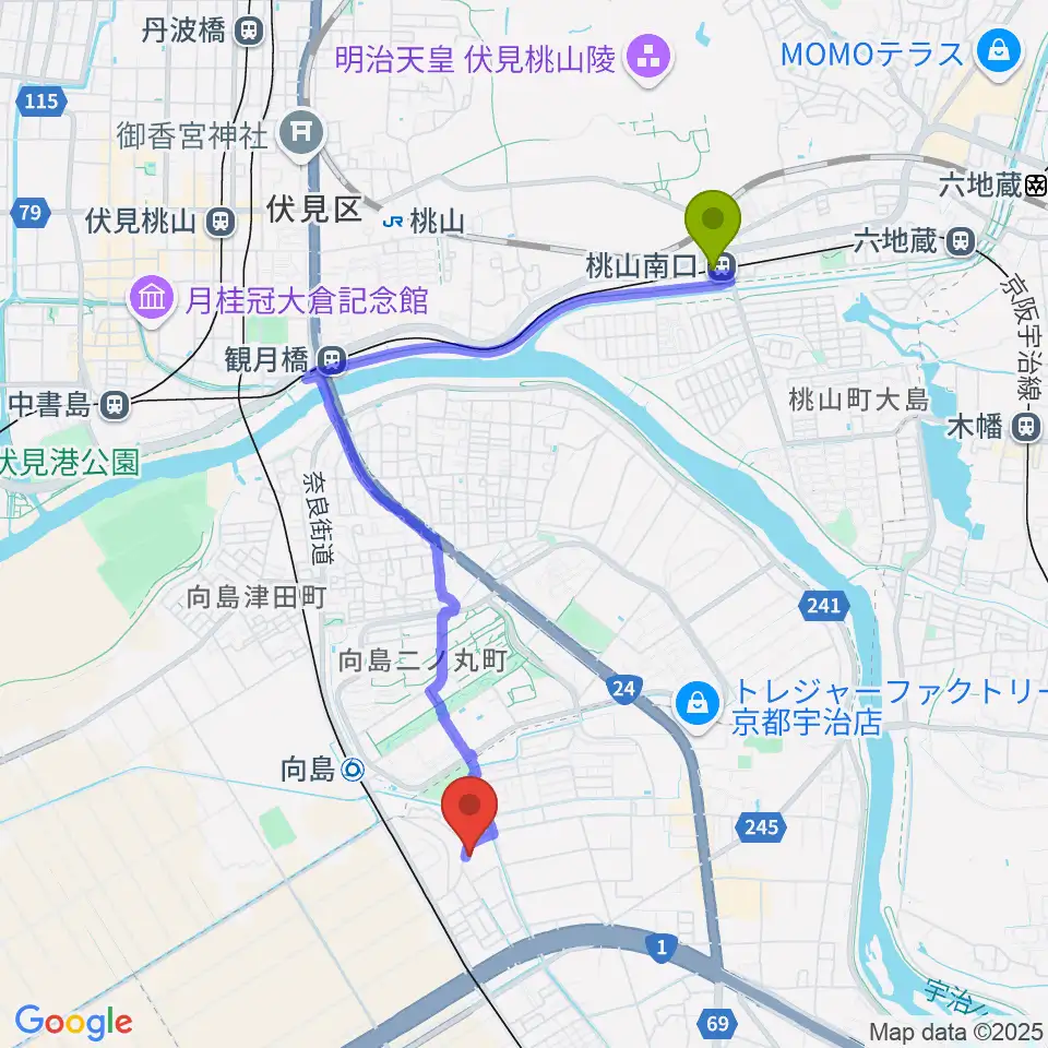 桃山南口駅からヒガシ絃楽器製作所 オリエンテへのルートマップ地図