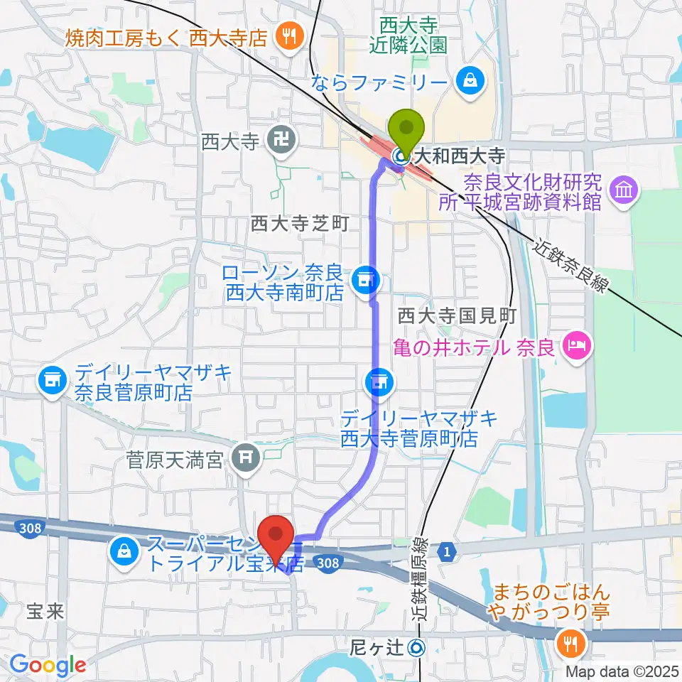 大和西大寺駅からStudio Solaへのルートマップ地図