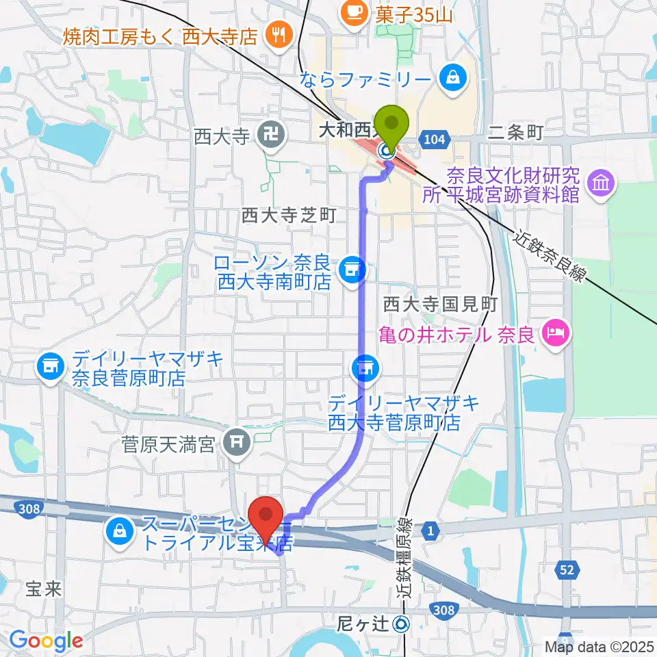 大和西大寺駅からStudio Solaへのルートマップ地図