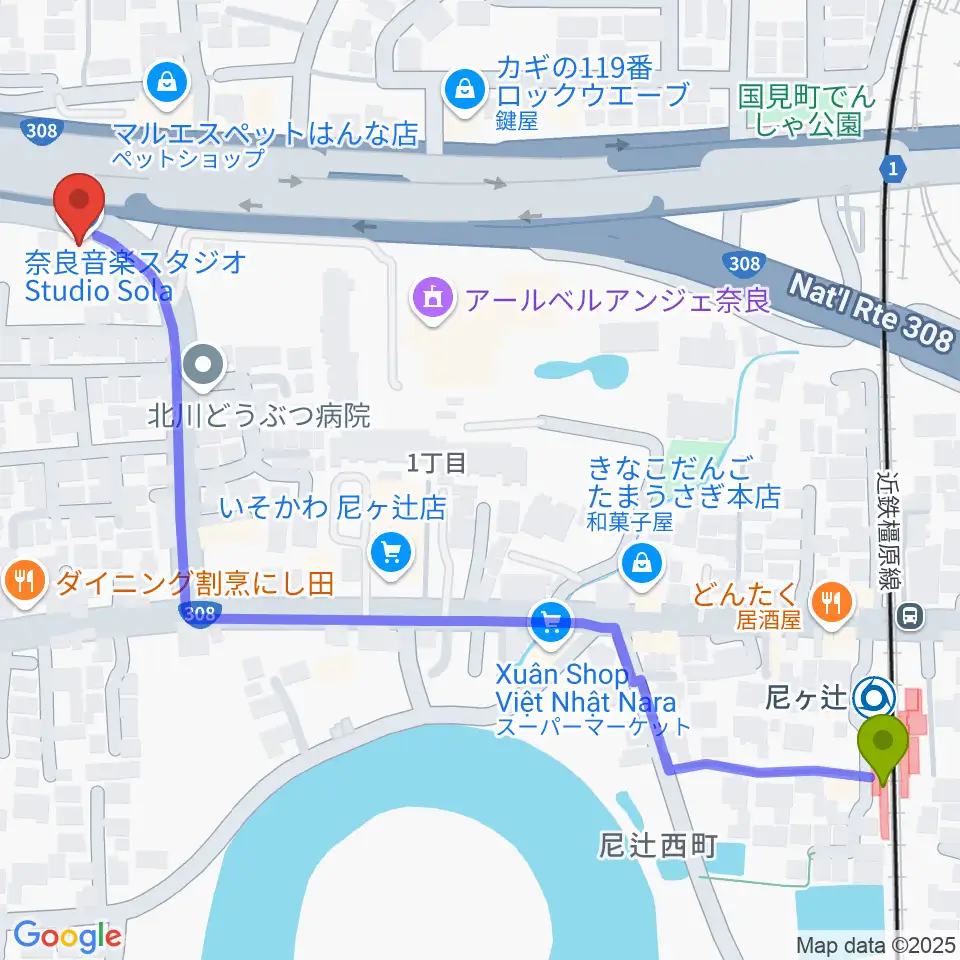 Studio Solaの最寄駅尼ヶ辻駅からの徒歩ルート（約8分）地図