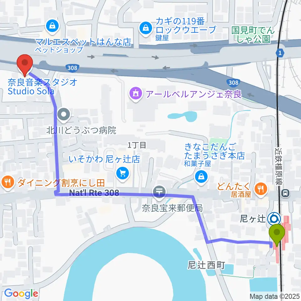 Studio Solaの最寄駅尼ヶ辻駅からの徒歩ルート（約8分）地図