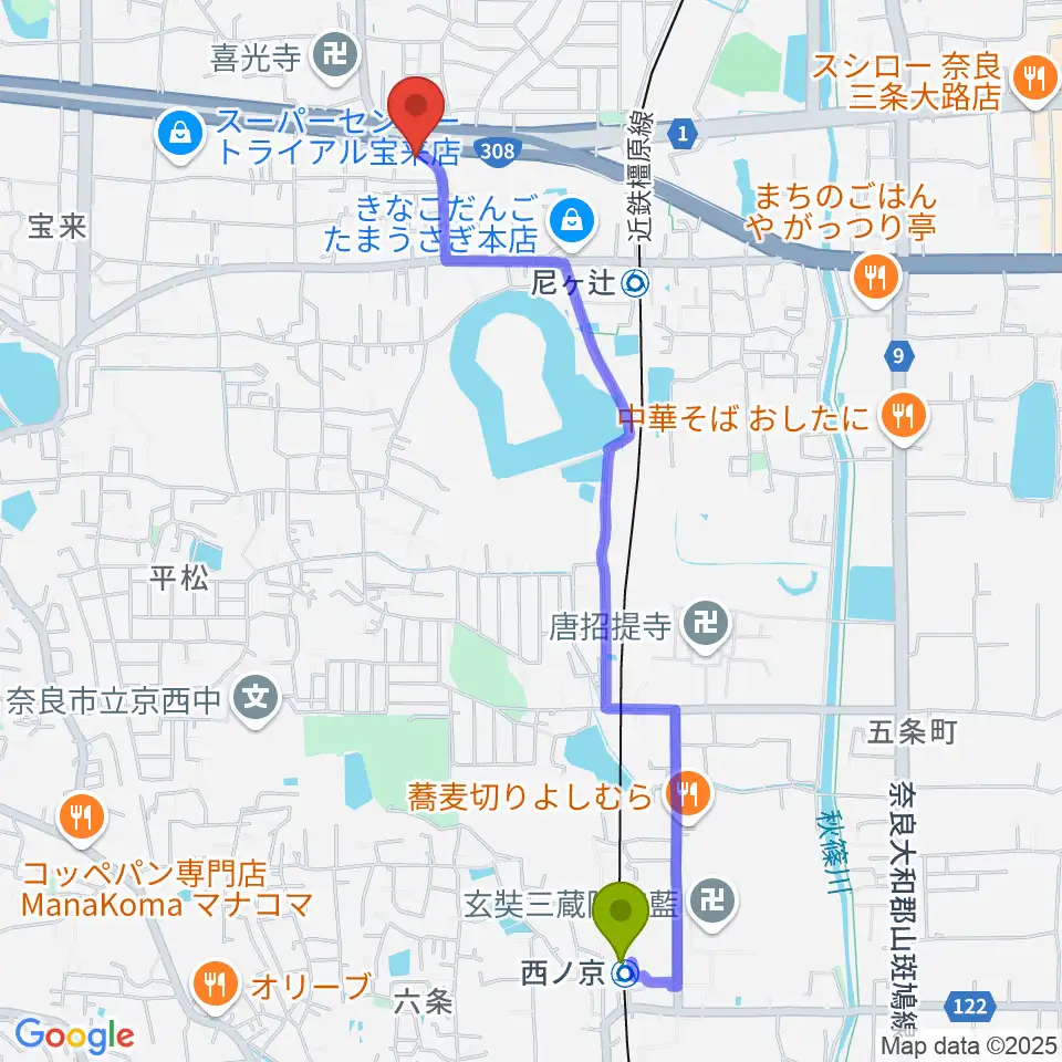 西ノ京駅からStudio Solaへのルートマップ地図