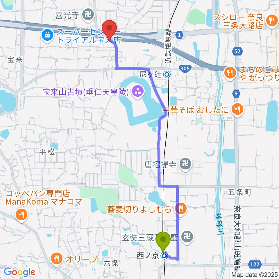 西ノ京駅からStudio Solaへのルートマップ地図