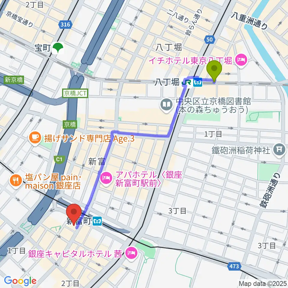 八丁堀駅から株式会社ダ・ヴィンチヴァイオリンへのルートマップ地図