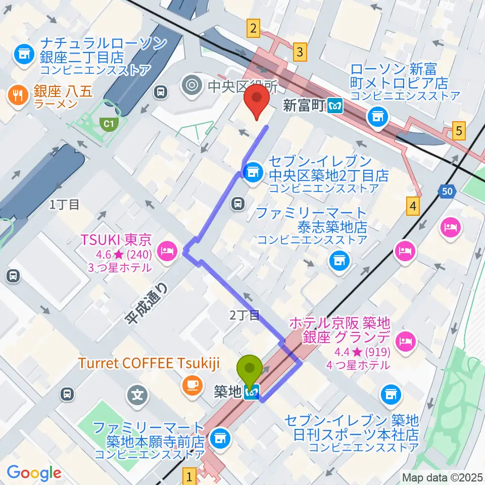 築地駅から株式会社ダ・ヴィンチヴァイオリンへのルートマップ地図