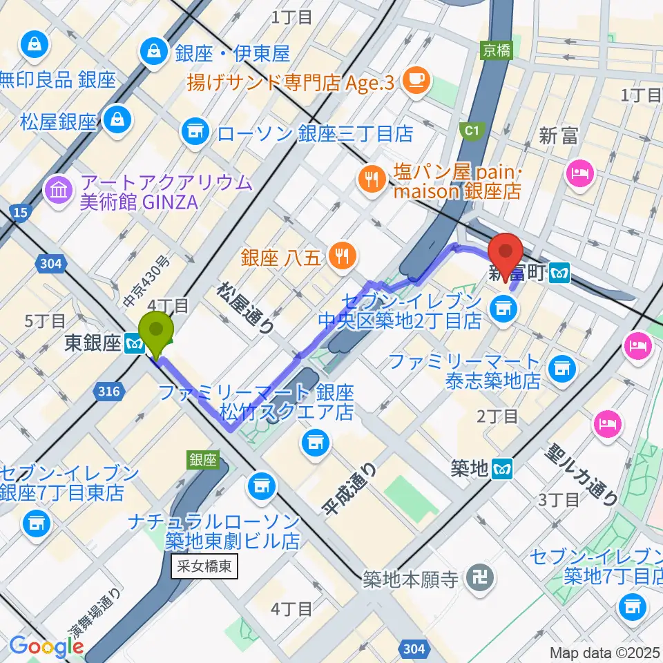 東銀座駅から株式会社ダ・ヴィンチヴァイオリンへのルートマップ地図