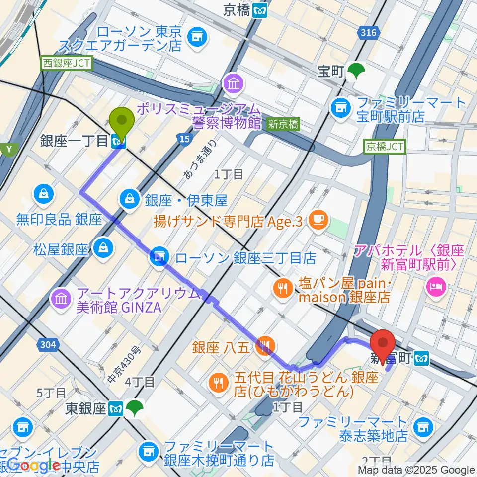 銀座一丁目駅から株式会社ダ・ヴィンチヴァイオリンへのルートマップ地図