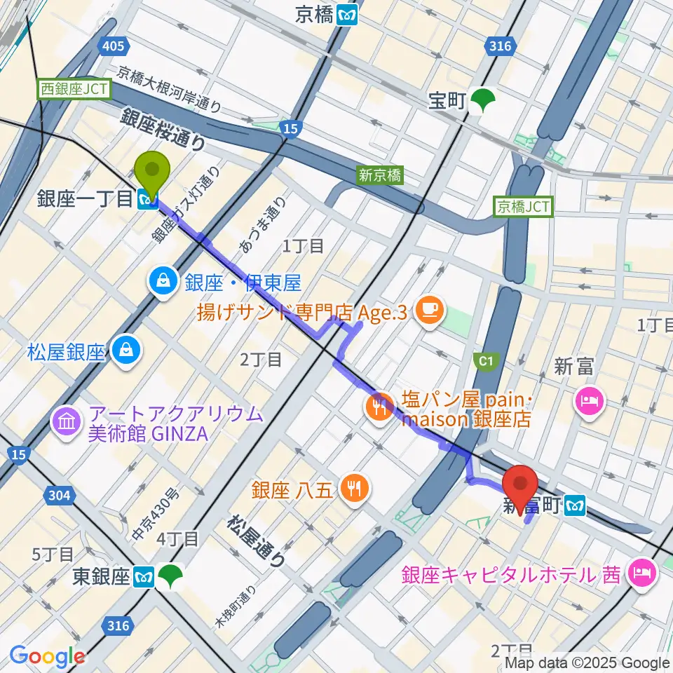 銀座一丁目駅から株式会社ダ・ヴィンチヴァイオリンへのルートマップ地図