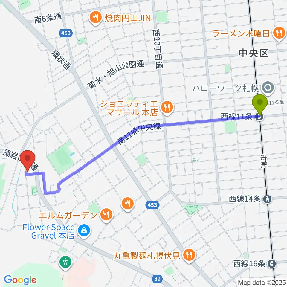 荒木均チェロ教室の最寄駅西線１１条駅からの徒歩ルート（約23分）地図