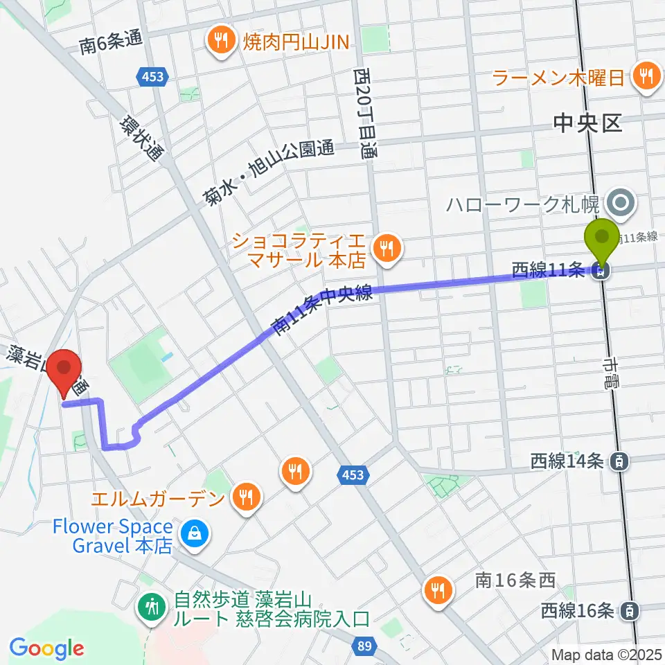 荒木均チェロ教室の最寄駅西線１１条駅からの徒歩ルート（約23分）地図