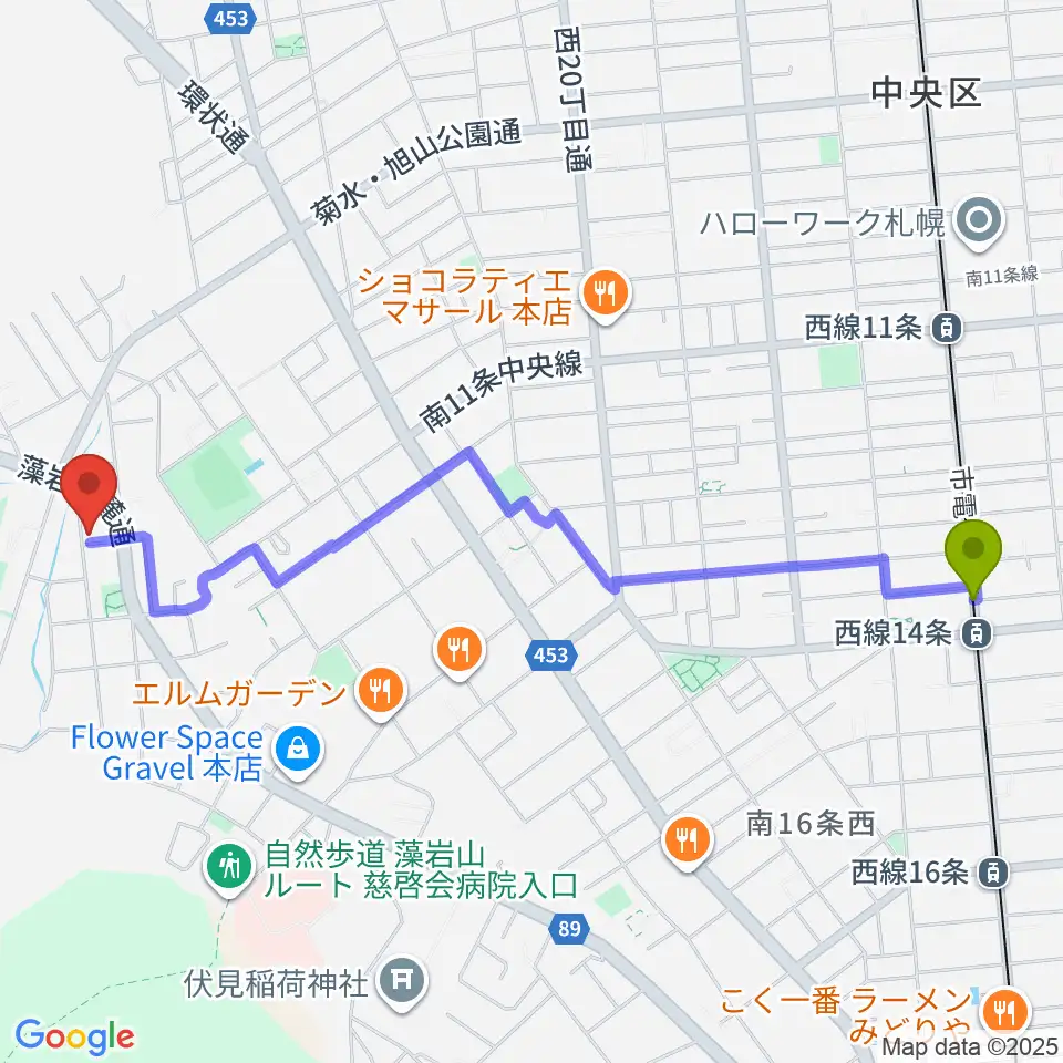 西線１４条駅から荒木均チェロ教室へのルートマップ地図
