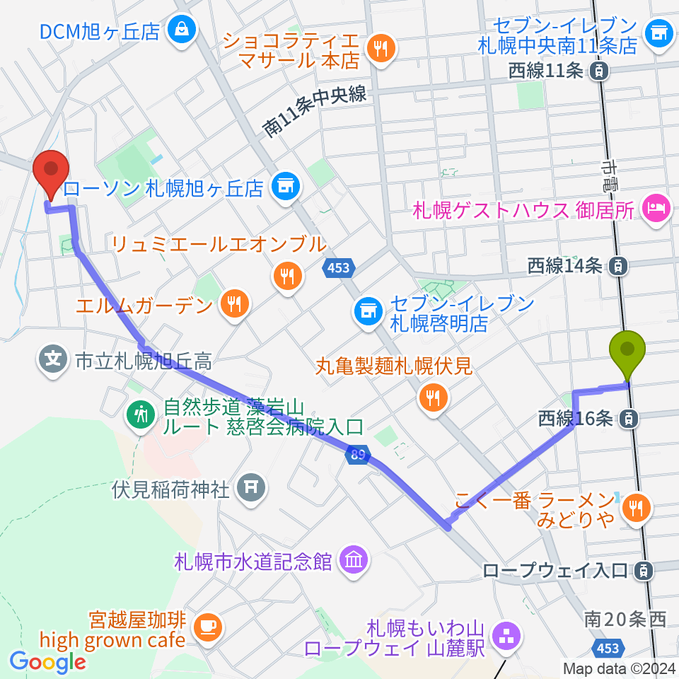 西線１６条駅から荒木均チェロ教室へのルートマップ地図