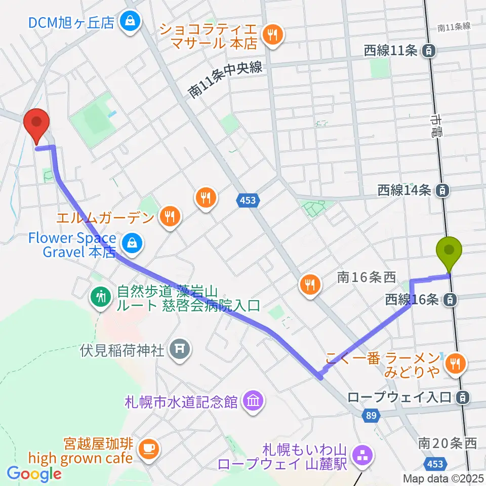 西線１６条駅から荒木均チェロ教室へのルートマップ地図