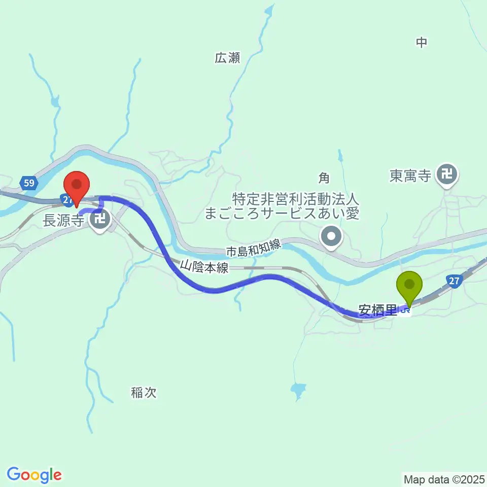 安栖里駅から小坂弦楽器工房へのルートマップ地図