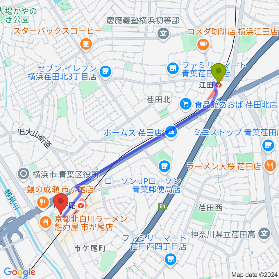 江田駅から弦楽器カンタービレへのルートマップ地図