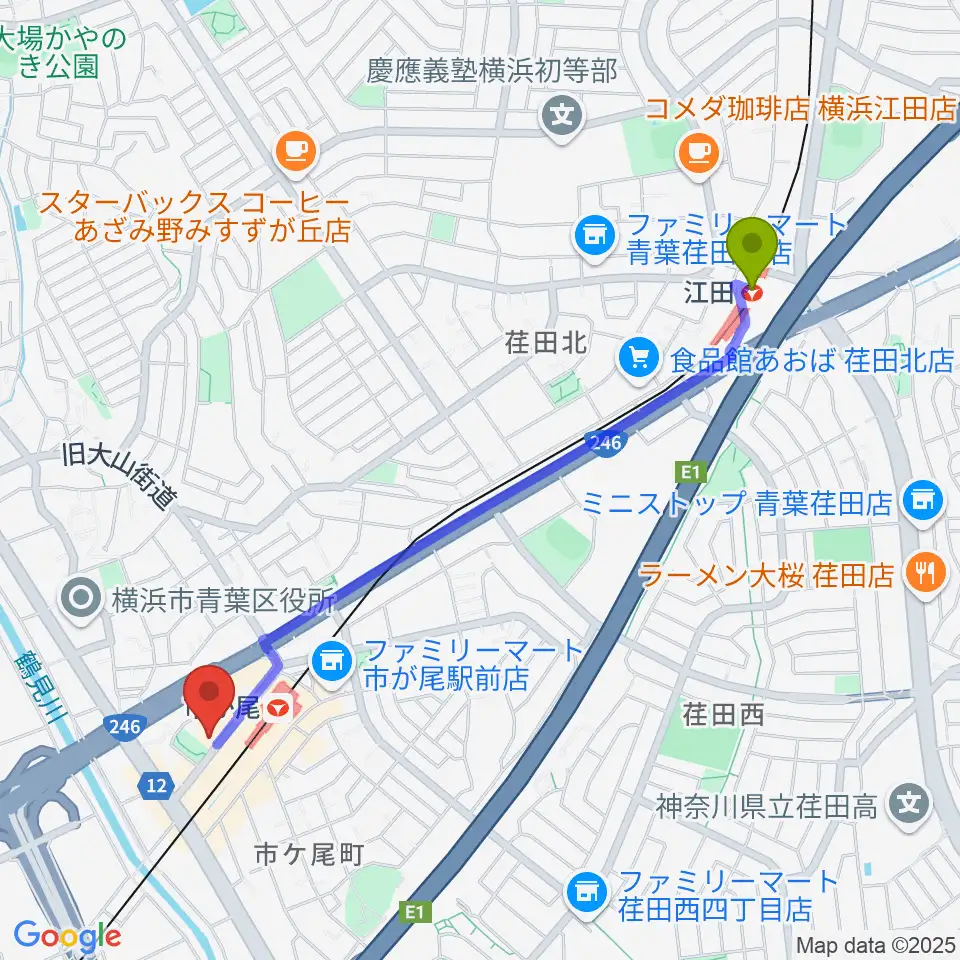 江田駅から弦楽器カンタービレへのルートマップ地図