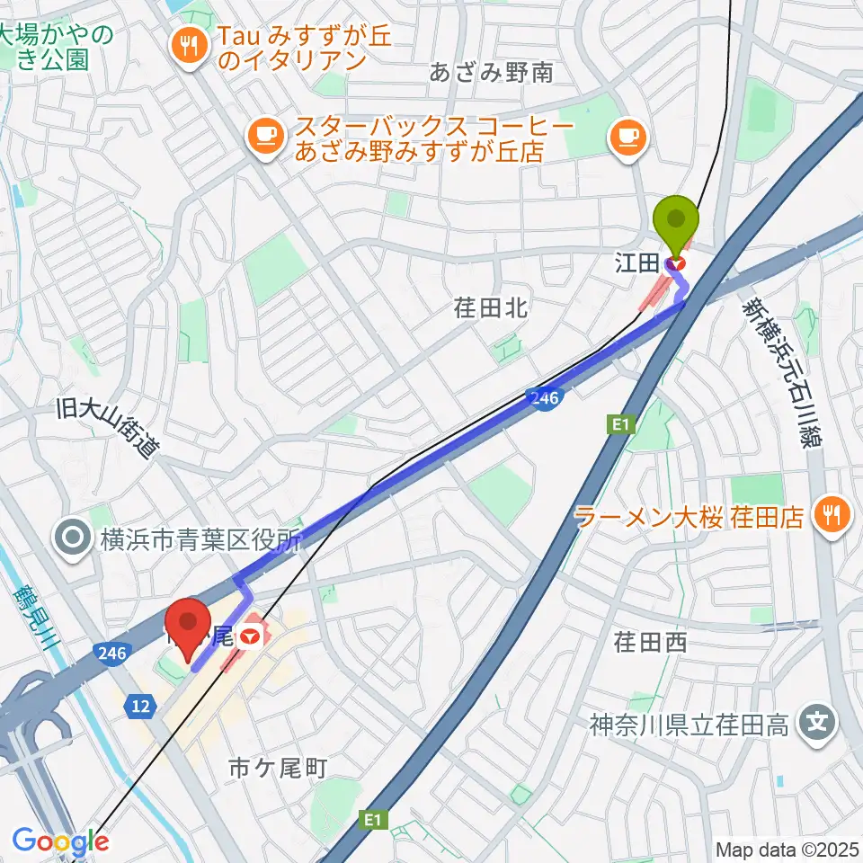 江田駅から弦楽器カンタービレへのルートマップ地図
