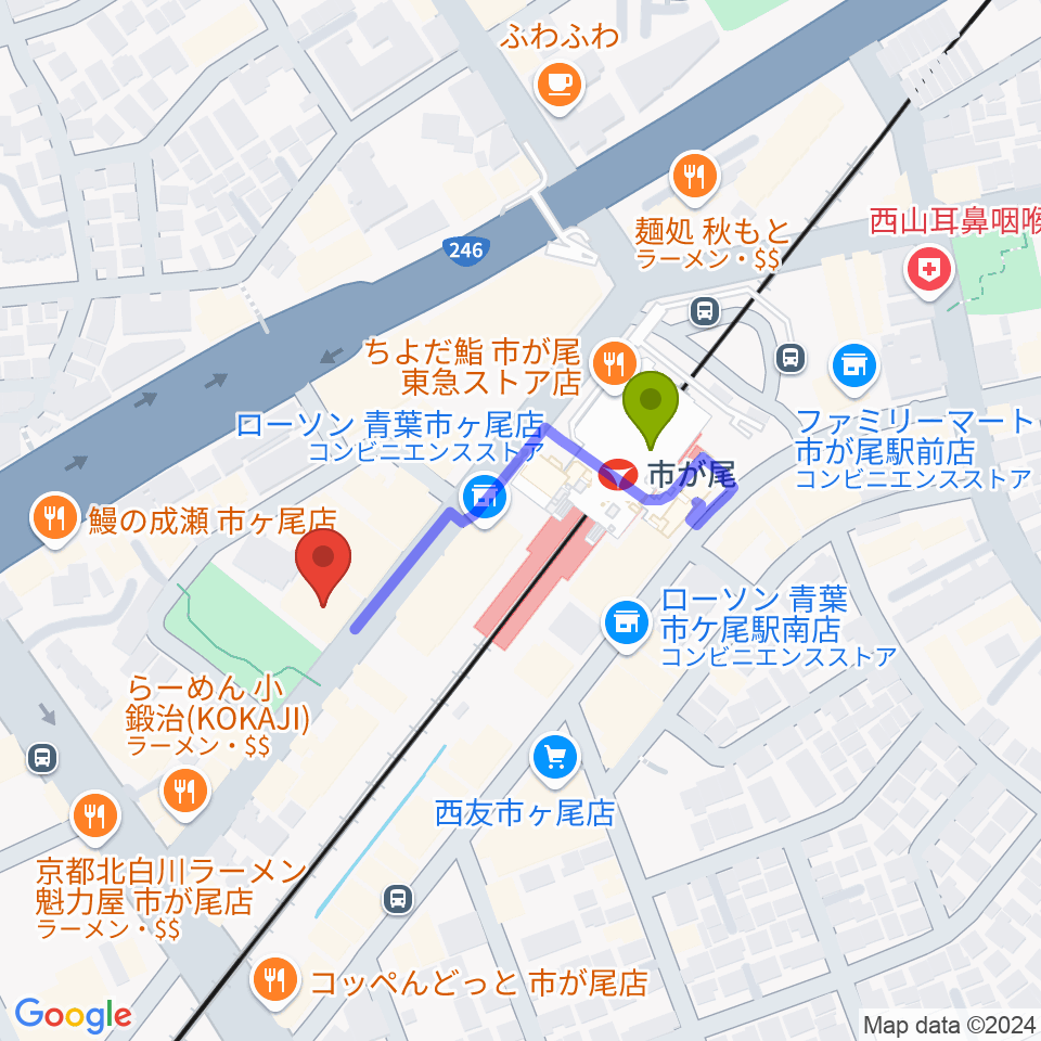 弦楽器カンタービレの最寄駅市が尾駅からの徒歩ルート（約3分）地図