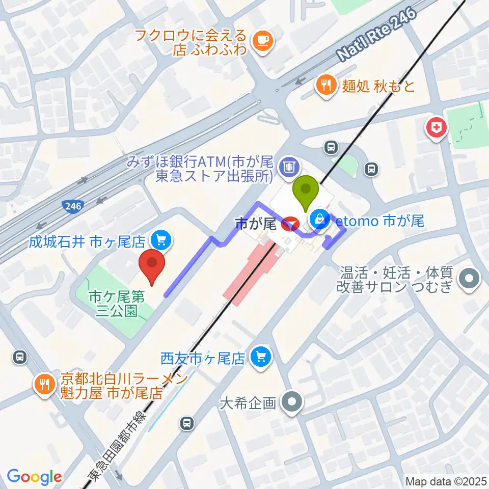弦楽器カンタービレの最寄駅市が尾駅からの徒歩ルート（約3分）地図