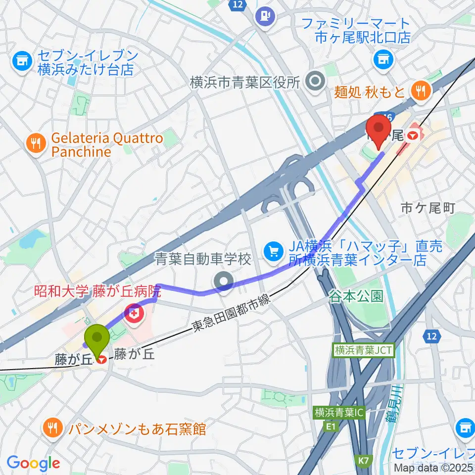 藤が丘駅から弦楽器カンタービレへのルートマップ地図