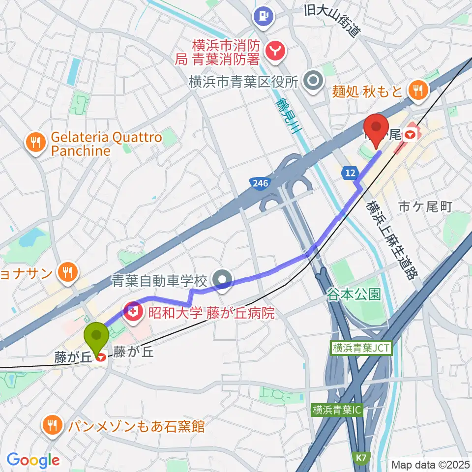 藤が丘駅から弦楽器カンタービレへのルートマップ地図