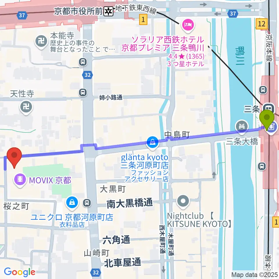 三条駅からJEUGIA三条本店へのルートマップ地図