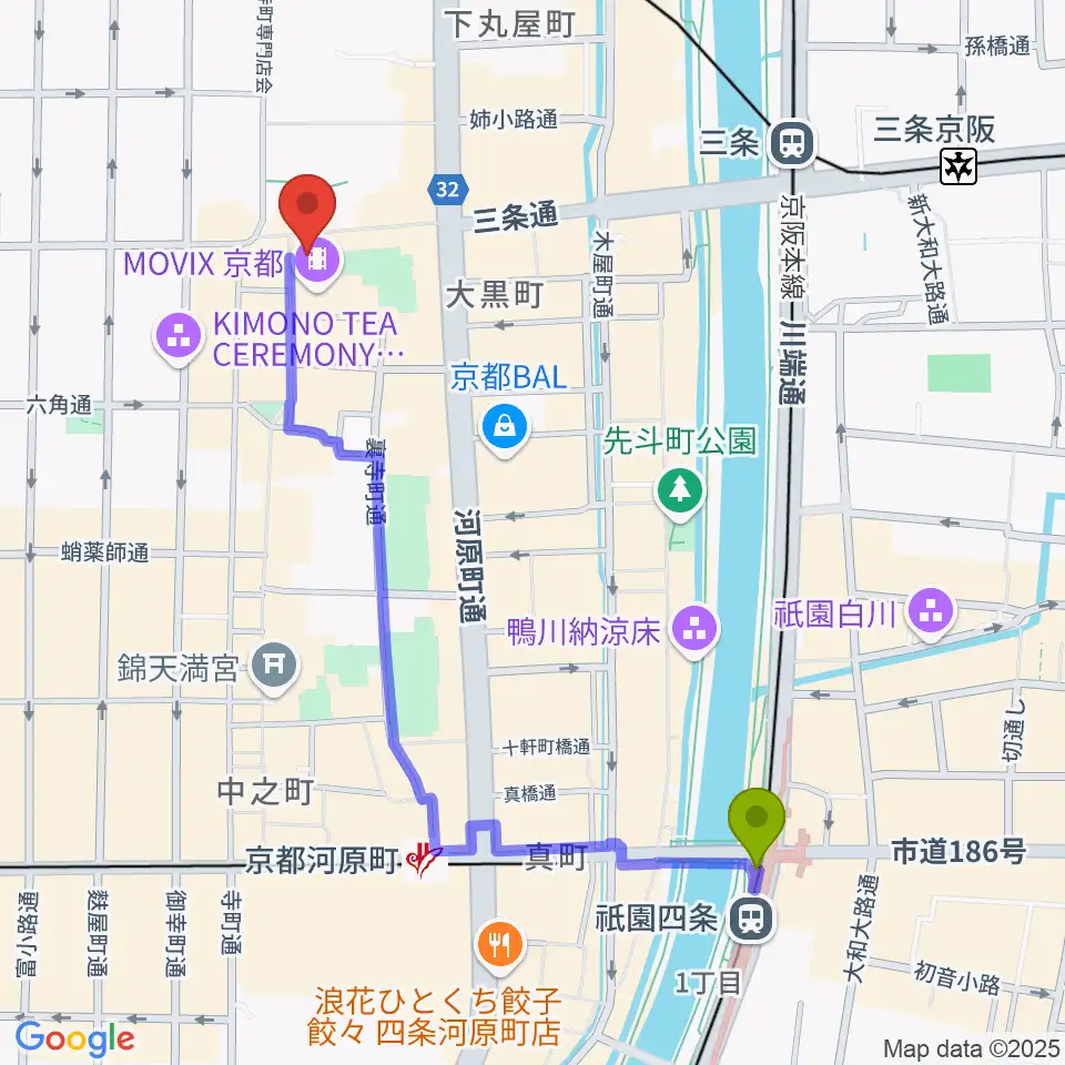 祇園四条駅からJEUGIA三条本店へのルートマップ地図