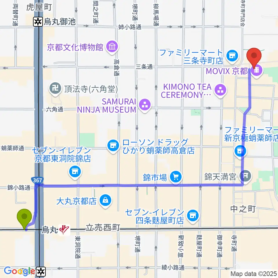 烏丸駅からJEUGIA三条本店へのルートマップ地図