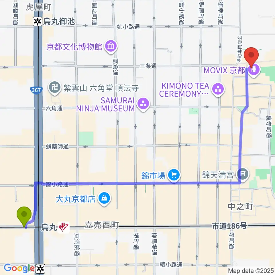 烏丸駅からJEUGIA三条本店へのルートマップ地図