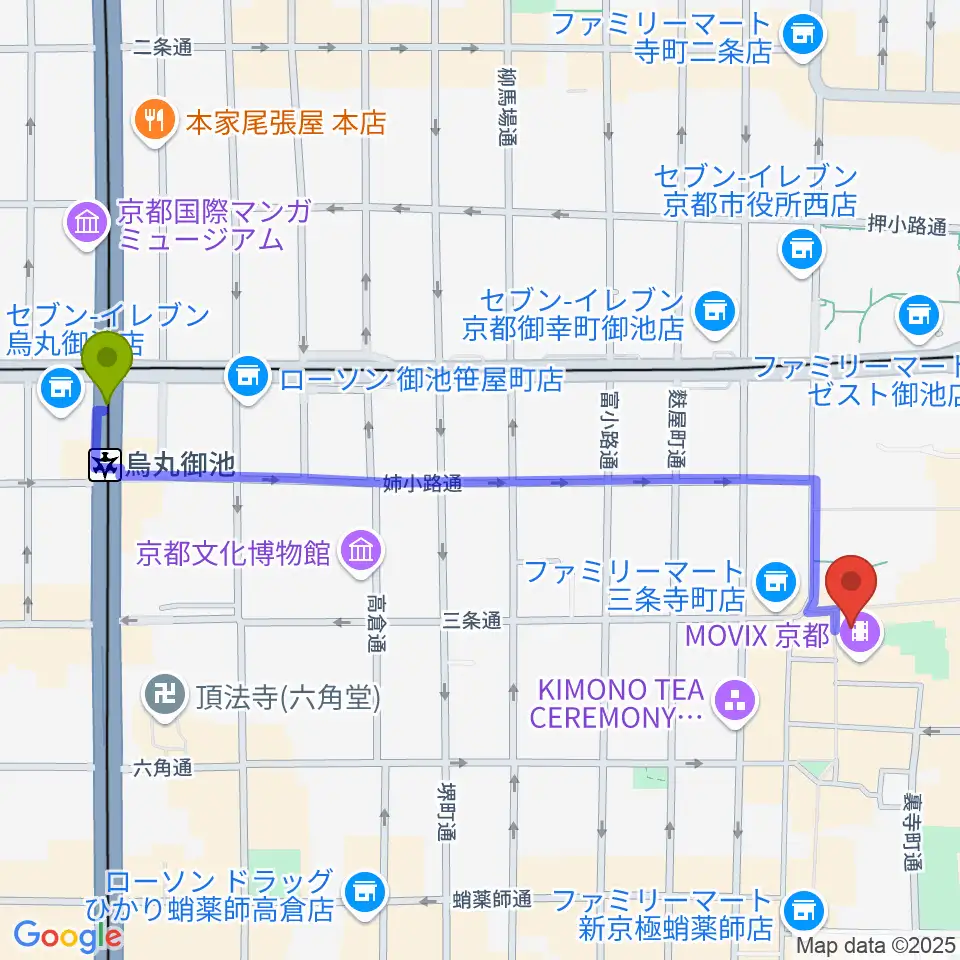 烏丸御池駅からJEUGIA三条本店へのルートマップ地図