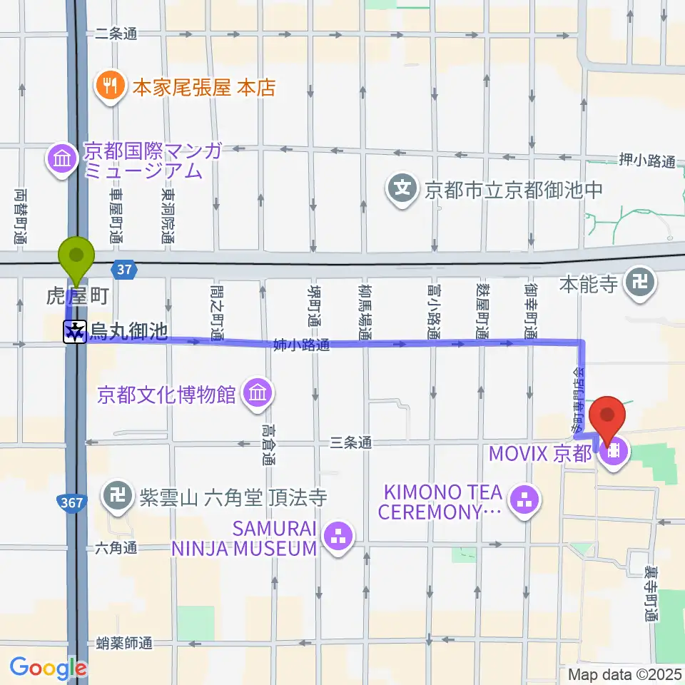 烏丸御池駅からJEUGIA三条本店へのルートマップ地図