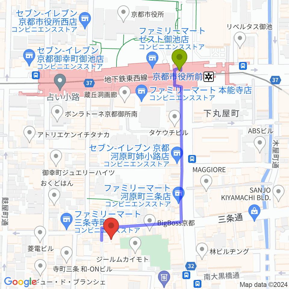 JEUGIA三条本店の最寄駅京都市役所前駅からの徒歩ルート（約5分）地図