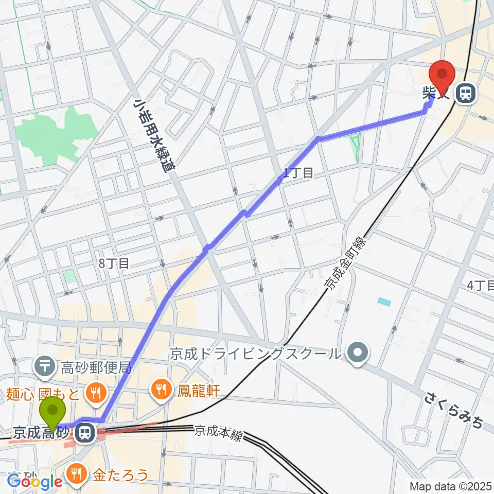 京成高砂駅から葛飾しばまた音楽教室へのルートマップ地図