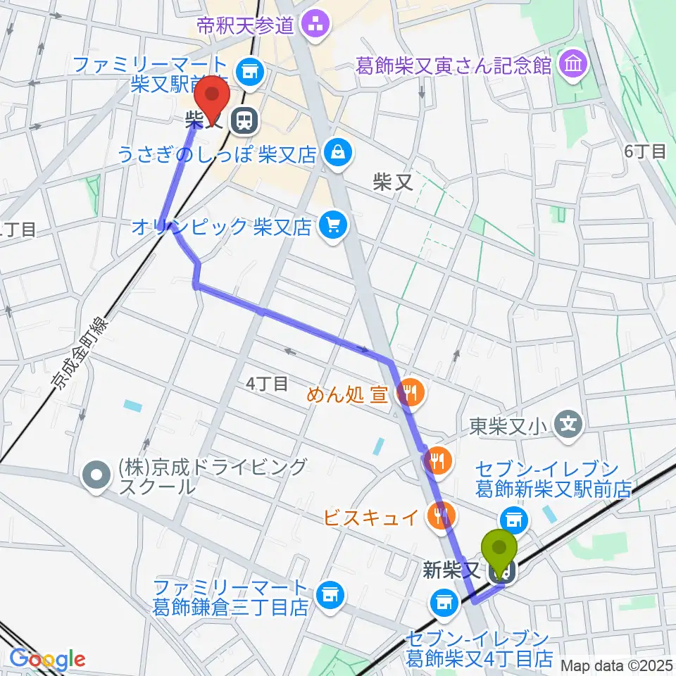 新柴又駅から葛飾しばまた音楽教室へのルートマップ地図