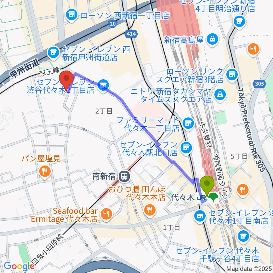 代々木駅からスタジオミュージアム新宿店へのルートマップ地図