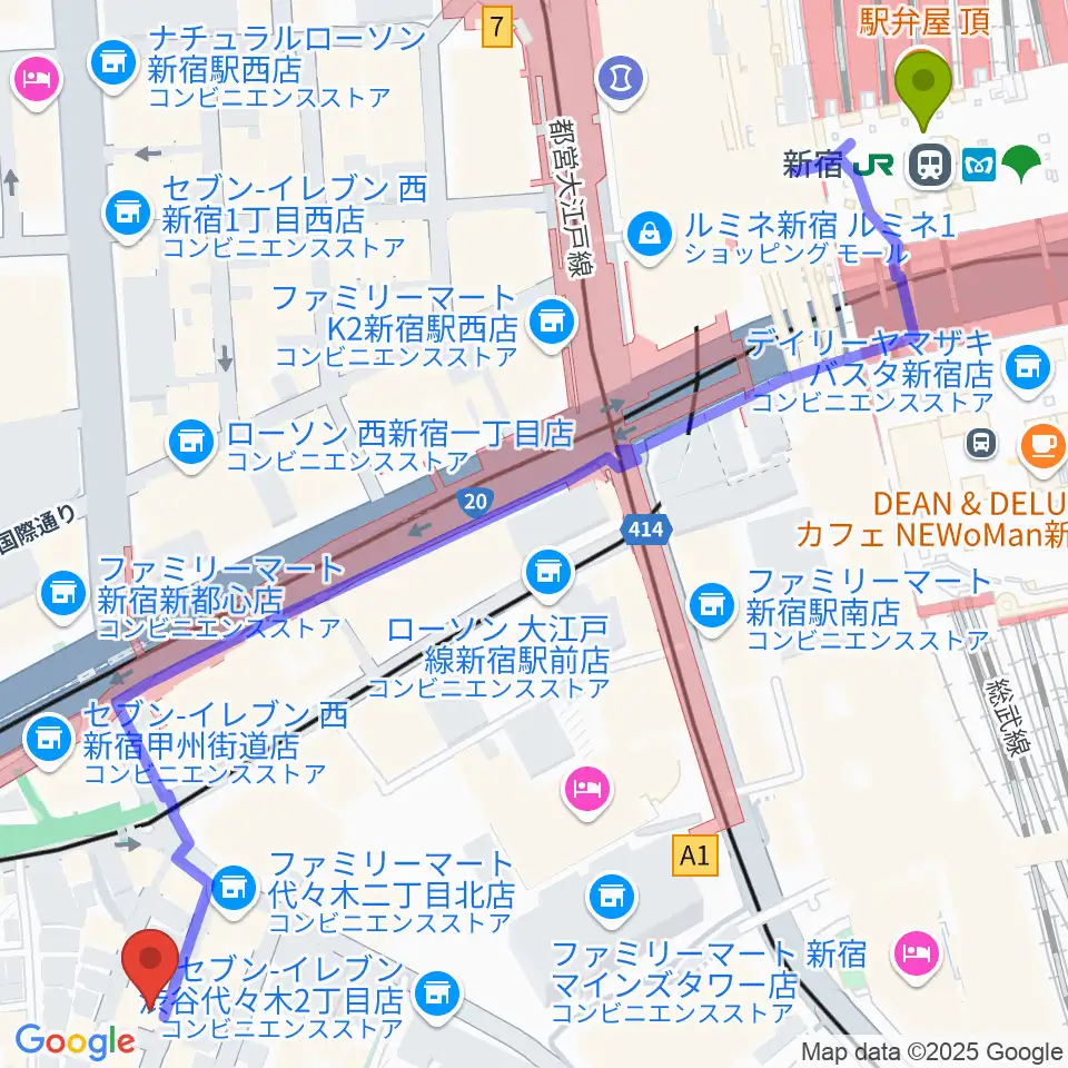 新宿駅からスタジオミュージアム新宿店へのルートマップ地図
