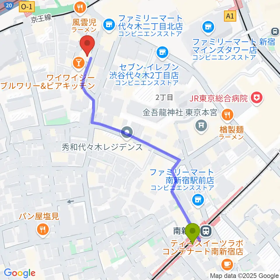 スタジオミュージアム新宿店の最寄駅南新宿駅からの徒歩ルート（約6分）地図
